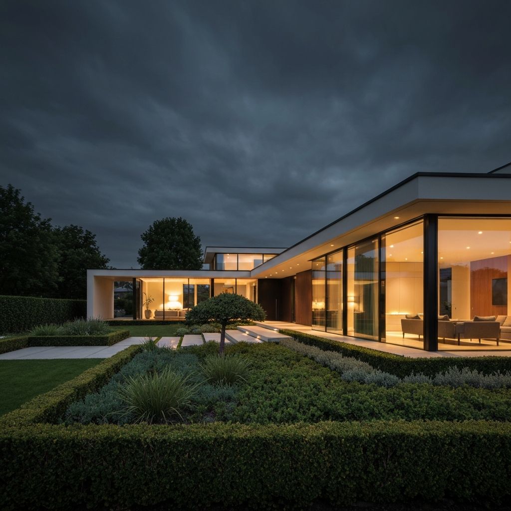 Modern luxury home exterior at dusk with warm interior lighting